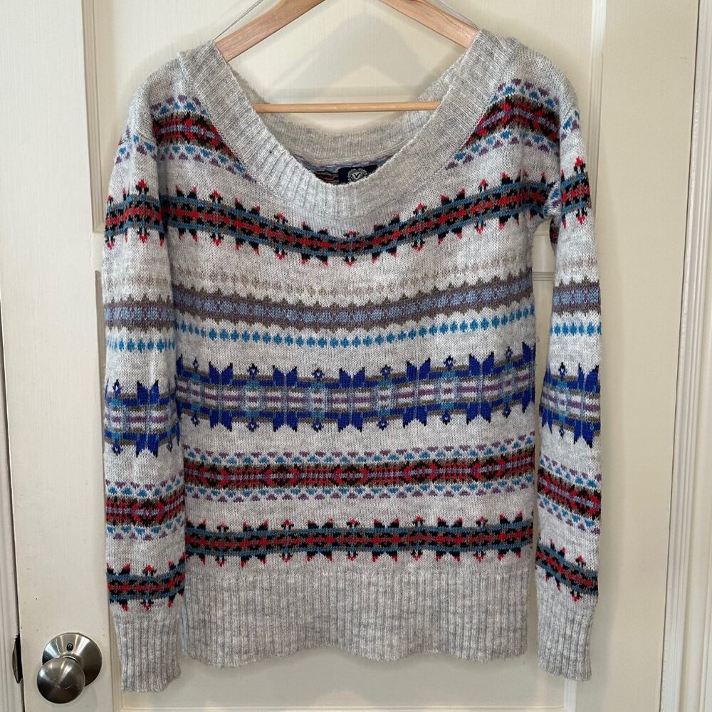 SALE 2/25 American Eagle Boat Neck Sweater Grey/Red/Blue- Size Small